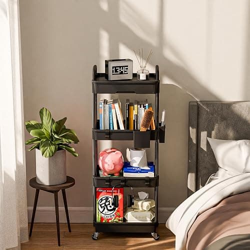 Sorgion 4 Tier Rolling Cart Organizer,Art Craft Diaper Bedside Snack Laundry Room Bathroom Organizer Narrow Thin Slim Rolling Trolley Utility Cart with Wheels for Kitchen,Office(Black) thumbnail 2