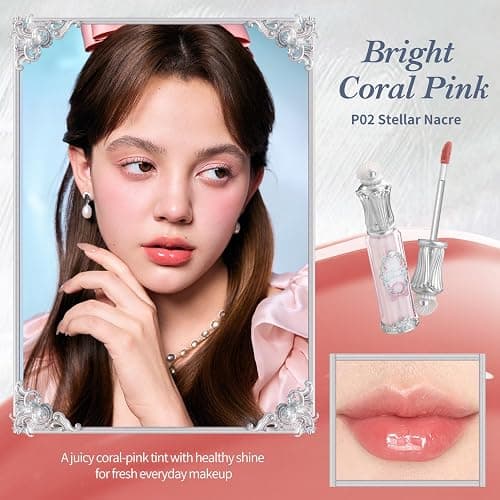 Flower Knows Shell's Jewel Nourishing Lip Glaze, Bright Coral Pink | Hyaluronic Acid-Infused Formula, Sheer High-Shine Finish, Vegan (P02 Stellar Nacre) thumbnail 3