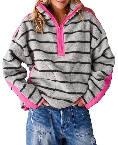Fisoew Womens Fleece Sweatshirt Quarter Zip Pullover Winter Warm Coats | Oversized, Stand Collar, Striped, Side Pockets, Comfy, 2026 Trendy, Y2k - Image 1