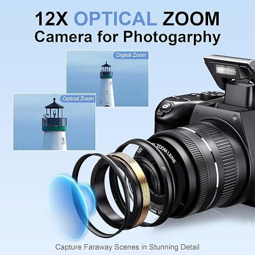 4K Digital Camera for Photography, 12X Optical Zoom 72MP Autofocus Vlogging Camera for YouTube, Photography Camera with 270°Flip Screen, Wi-Fi & App-Controlled Cameras, 2 Batteries, 32GB Card, Black thumbnail 2