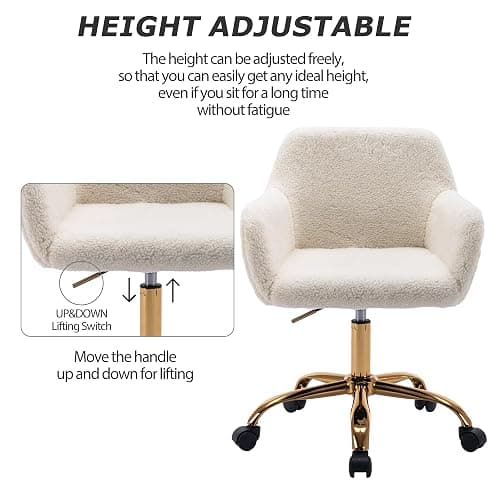 KCC Faux Fur Office Desk Chair, Comfy Swivel Armchair with Wheels, Upholstered Fuzzy Vanity Chair, Adjustable Height, White thumbnail 4