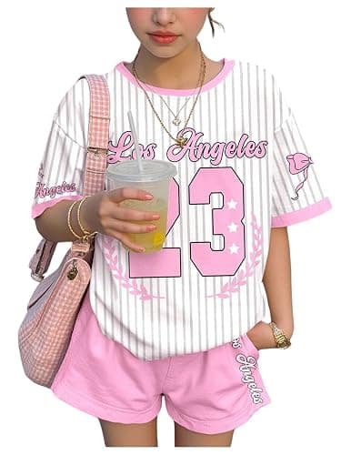 Floerns Girl's 2 Piece Outfits Graphic Print Drop Shoulder Tee & Contrast Binding Track Shorts Clothing Set - Image 1