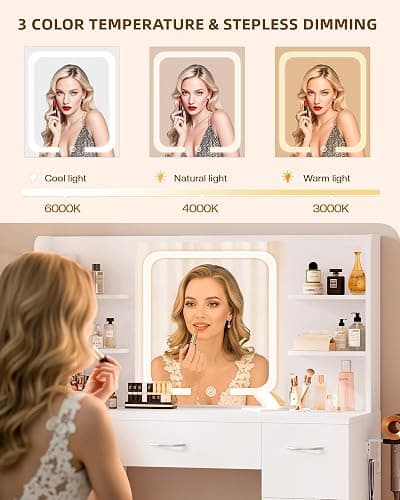 LIVELYGLOW 43" Large White Makeup Vanity Desk with Charging Station | Smart LED Mirror, Hairdryer Holder, 7 Drawers, 4 Shelves thumbnail 5