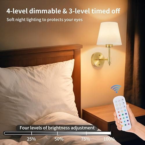 Battery Operated Wall Sconce Set of 2, Rechargeable Wireless Wall Lights | with fabric Lampshade, 5200mAh Dimmable Bulb with Remote,15 Colors Wireless Wall Lamps for Bedroom Living Room Hallway Decor thumbnail 4