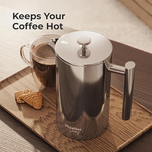 MuellerLiving French Press Coffee Maker 34oz, Stainless Steel French Press Coffee, 4 Filter Heat Resistant Double Insulated, Rust-Free, Food Grade, Dishwasher Safe Coffee Pot thumbnail 8