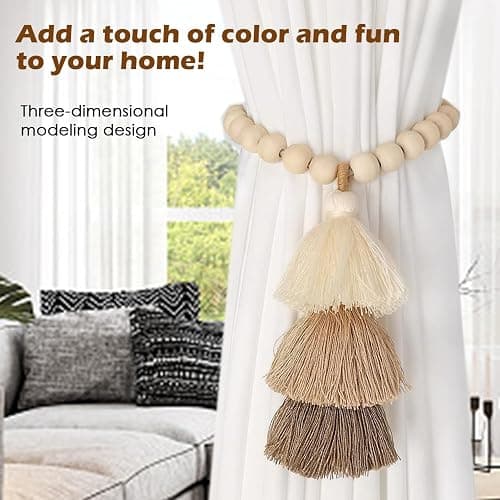SRG Curtain Tiebacks for Curtains 2 Pack, Decorative Magnetic Curtain Holdbacks for Drapes, Handmade Tie Backs No Drilling for Home Bedroom Window Decor – Wood Bead thumbnail 6