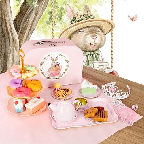 iAOVUEBY Tea Party Set for Little Girls, 49PCS Princess Tea Time Toys Including Tea Set Dessert Carrying Case, Kids Kitchen Pretend Playset, Tea Set for Girls Birthday Toddler Age 3-8, Pink thumbnail 2