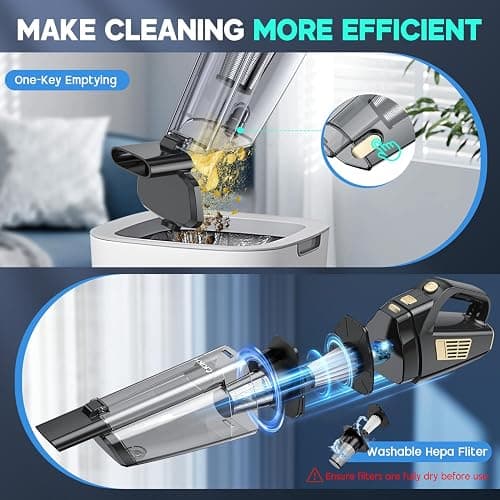 CKIKH Handheld Vacuum Cordless, 15000PA Strong Suction Hand Held Car Vacuum Cleaner Portable with Multi-Nozzles & Washable Filter, Lightweight Dust Busters Rechargeable for Home, Car, Office, Pets thumbnail 6