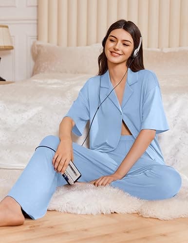 Ekouaer Women Pajamas Set Button Down Sleepwear Short Sleeve Pjs Soft Comfy Nightwear with Long Pants S-XXL thumbnail 4