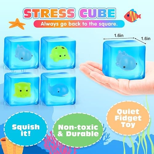 VISCOO 4 Pack Stress Cube -Glow in The Dark Sea Animal Inside Squishy Toys, Cube Squishy Stress Balls for Anxiety Relief, Squeeze Toys for Kids Adults,Fidget Gummy Toys for Party Favors thumbnail 4