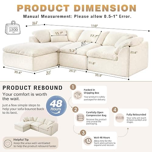 110" Boneless Cloud Couch Sectional for Living Room, Oversized Modular L Shaped Sofa with Ottoman, Deep Seat Chenille Sectional Couch for Cloud-Like Comfort (Beige) thumbnail 3