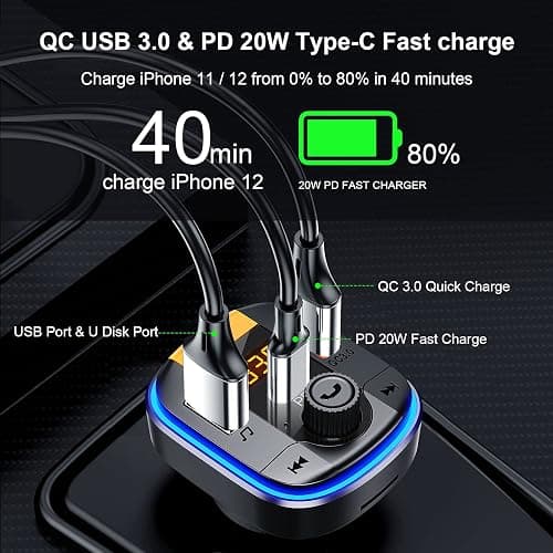 Bluetooth FM Transmitter for Car - BAISHUN Bluetooth 5.0 Adapter PD20W+QC3.0 Cigarette Lighter Radio Receiver Music Player Car Charger Supports Hands-Free Call Siri Google Assistant thumbnail 5