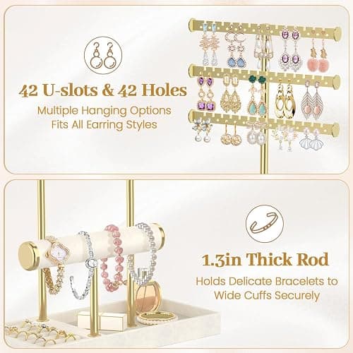 MODOWEY Necklace Holder Earring Stand Organizer, Wooden Velvet Bracelet Tree Rack with Ring Tray for Vendor Women Display Selling, Countertop T Bar Jewelry Tower Keep Everything Visible & Within Reach thumbnail 5