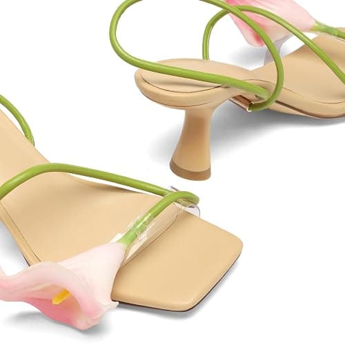 Flower Kitten Heels for Women Open Square Toe Floral Low Kitty Heels Sexy Strappy Wedding Dressy Heeled Sandals thumbnail 6