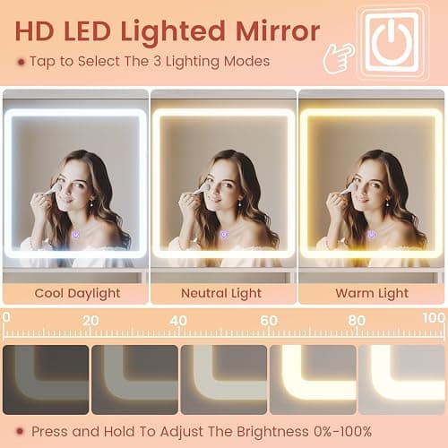 DICTAC Makeup Vanity Desk with Sliding LED Lighted Mirror, 47.2"W Large Vanity Desk with Drawers, Shelves and Side Storage, RGB Glass Cabinet, White Vanity Table Set with Charging Station for Bedroom thumbnail 3