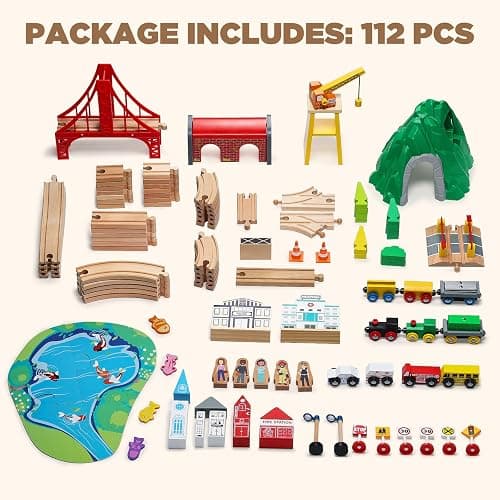 SainSmart Jr. 112-Piece Wooden Train Set for Toddler – Double-Sided Train Tracks, Compatible with Brio, Thomas, Melissa & Doug – Perfect Wood Toy for Boys and Girls thumbnail 6