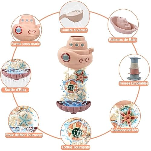 Jouets de Bain pour Bebe, Jouet Bain Bebe 18mois +, Jeux de Bain Bébé Enfant 2 3 Ans, Jouets d'Éveil Cadeau Bebe pour Garçons et Filles avec Mignons Engrenages et Tasses d'animaux Marins thumbnail 2