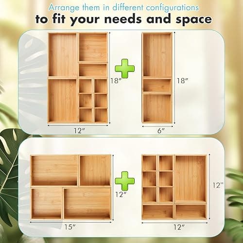 Fabsome Drawer Organizer, Set of 9 Bamboo Wood Kitchen Makeup Desk Junk Tea Drawer Storage Boxes Bins for Cutlery Silverware Utensils Flatware, Small Wooden Container Tray for Bathroom, Office thumbnail 7