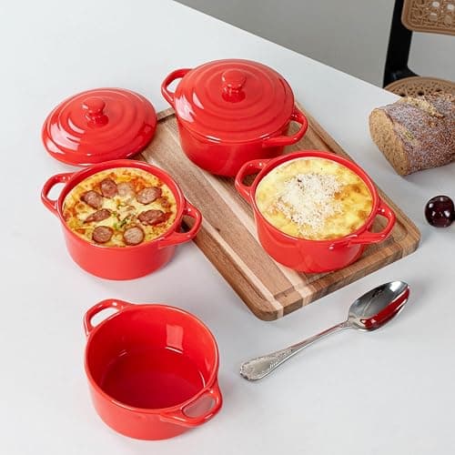 Mini Dutch Oven Set of 4, 14 oz Ceramic Mini Dutch Ovens with Lids and Handles, Ramekins with Lids for French Onion Soup, Pot Pies, Soufflés and Baked Desserts, Oven Microwave Dishwasher Safe, Mini Cocotte，（Red） thumbnail 6