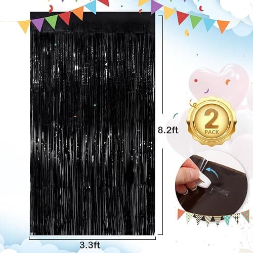 Black Foil Curtain Backdrop, 2Pack Metallic Tinsel Fringe Curtain Streamers | 3.3x8.3Ft Black Party Decoration for Birthday, Halloween, Wedding Bridal Baby Shower, Graduation, Door streamers, Photo Booth thumbnail 3