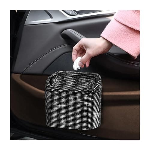 JNNJ Bling Auto Mini-Mülleimer Mit Deckel, Bling Strass Auslaufsicherer Tragbarer Mülleimer Abfalleimer, Für Autos, Universelles Zubehör, Auto Mini-Mülleimer(Schwarz) - Image 1