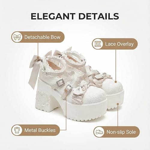 Kawaii Mary Jane Heels for Women Cute Lolita Shoes Chunky Platform Round Toe Bow Cross Strap Lace Buckle Comfy Party Cosplay Shoes thumbnail 3
