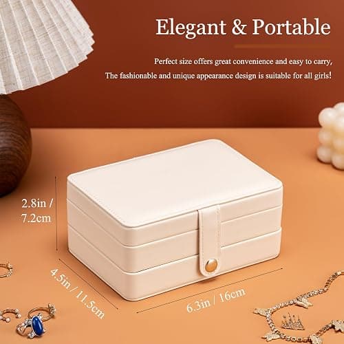 Travel Jewelry Case, 2-Layer Large Jewelry Organizer Box, Beige, PU Leather | Simple & Fashion, Travel Size, Gifts for Mother, Portable Jewelrys Storage Display Holder for Earrings, Necklaces, Bracelets thumbnail 3