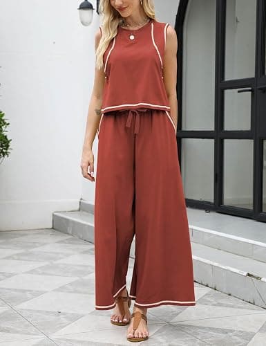 Ynhonra Women’s 2 Piece Lounge Set Sleeveless Tank Top & Wide Leg Pants Contrast Trim Relaxed Casual Matching Outfit thumbnail 4