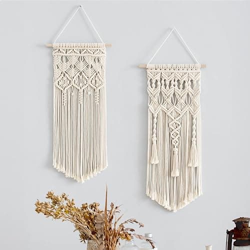 Mkono 2 Pcs Macrame Woven Wall Hanging Boho Chic Geometric Art Decor - Beautiful Bedroom Nursery Apartment Home Decoration, Gift for Girls Adults Birthday Christmas, 28" L x 13" W thumbnail 7