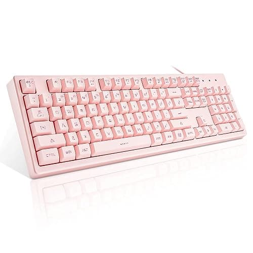 Basaltech Pink Keyboard with 7-Colors LED Backlit,104 Keys Silent Creamy Keyboards,Double Shot Keycaps Light Up Keyboard Wired USB for Computer,Mac,Laptop - Image 1