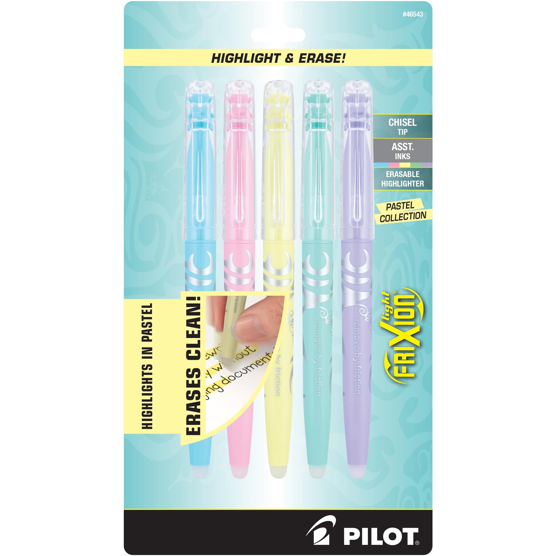 Pilot, FriXion Light Pastel Erasable Highlighters, Chisel Tip, Pack of 5, Pastel Blue, Pink, Yellow, Green & Purple - Image 1