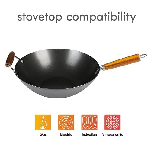 Kenmore Hammond 14-Inch Flat Bottom Carbon Steel Wok, Black, Durable Non-Stick Stir Fry Pan for Gas and Electric Stovetops thumbnail 7