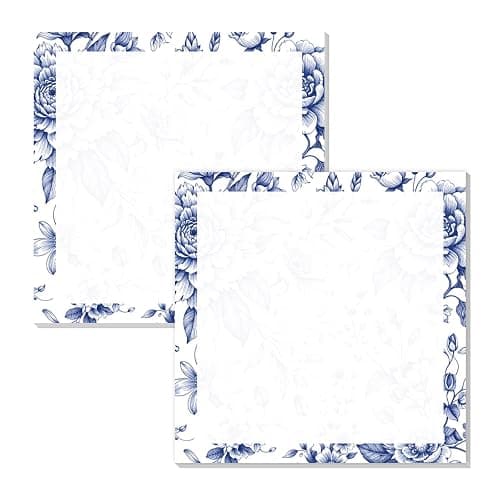 AHYUEJGDT Sticky Notes 3x3 Inch, 2 Pack Cute Pads, 50 Sheets Pad, Self-Stick Notepads for Office, School, Home, Easy Peel & Strong Adhesive Blue Floral Sketch - Image 1