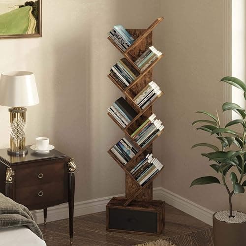 Rolanstar Tree Bookshelf with Drawer, 9 Shelf Bookshelf, Wooden Bookcase Storage Rack for CDs/Movies/Books, Corner Bookshelves, Utility Organizer Shelves for Living Room, Bedroom, Rustic Brown thumbnail 5