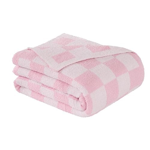 Cozzenity Checkered Throw Blanket, Pink Soft Cozy Fluffy Knitted Throw Blankets for Couch, Sofa, Bed, Chair, Warm Fuzzy Travel Picnic Lightweight Plaid Blanket, 50x70 inches thumbnail 7