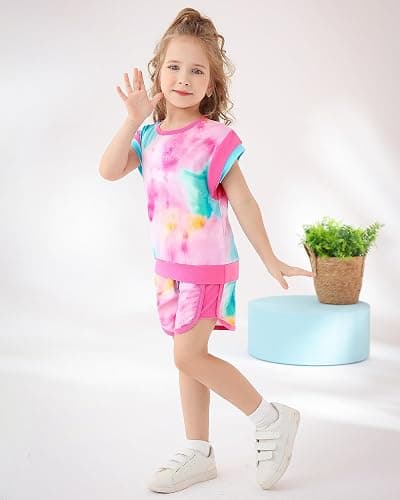 SANMIO Toddler Girl Clothes 2025 Summer Toddler Girls Color Block Short Sleeve Shorts Sweatsuit Outfits - Tie-dye Hot Pink - 2-3T thumbnail 4