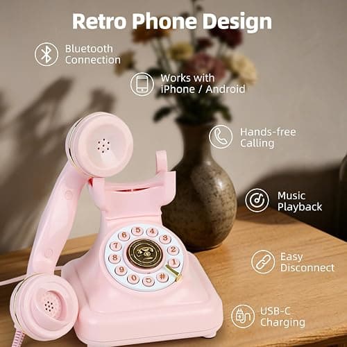 Vintage Bluetooth Phone, Retro Desk Telephone with Gold Accents, Loud Nostalgic Ringtones, Bluetooth Connects to Smartphone for Home & Office, Pink thumbnail 2