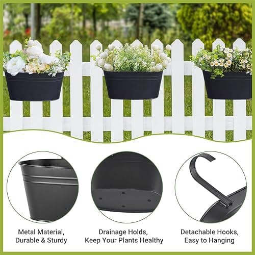 Dahey 10.5 Inch Metal Iron Hanging Flower Pots for Railing Fence Hanging Bucket Pots Countryside Style Window Flower Plant Holder with Detachable Hooks Home Decor,Black,3 Pcs thumbnail 4