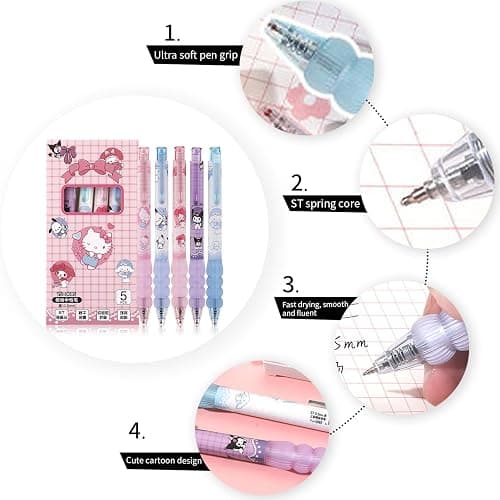 TiaJaMi 5 Pcs Cartoon Ballpoint Pens, Cute Gel Pens, Features a Spring-Loaded Nib Design With a Soft Silicone Protective Sleeve on the Grip Section. thumbnail 3