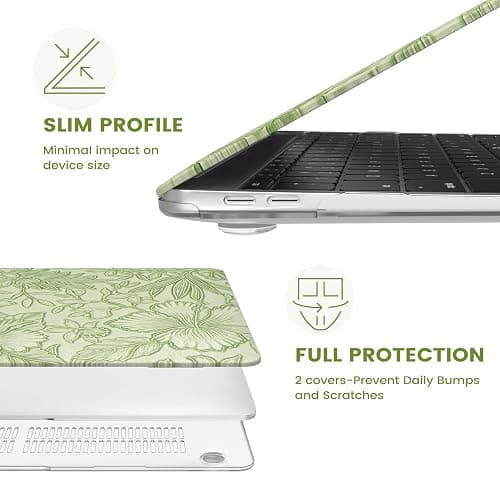 iCasso Compatible with MacBook Air 13 inch Case 2020-2018 Release A2337 M1 A2179 A1932, Texture Leather Plastic Hard Shell Case + Keyboard Cover + Screen Protector, Green Embossed Floral thumbnail 4