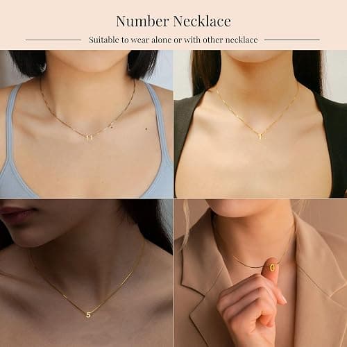 Konpicca Gold Number Necklace for Women 18K Gold Plated Small Cute Pendant with Box Chain Choker Necklace Personalized Jewelry Birthday Gift for Her thumbnail 4