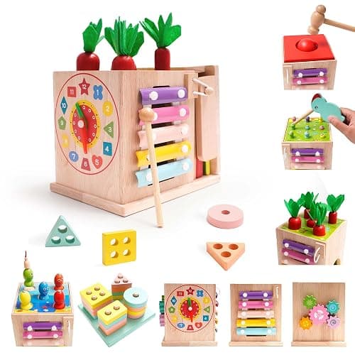 Montessori Jouet Bebe 1 an |9 en 1 Cube d'activités motrices dès 1 an |frapper la balle,Formes À Trier Empiler Jeu,Jouet de Récolte de Carottes,Jouet en Bois pour Cadeau Fille Garcon Bébés 2 3 4 Ans thumbnail 3