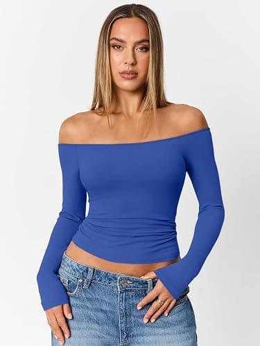 Trendy Queen Womens Long Sleeve Off The Shoulder Tops Going Out Cute Basic Y2K Fall Fashion 2025 Outfits Clothes thumbnail 2