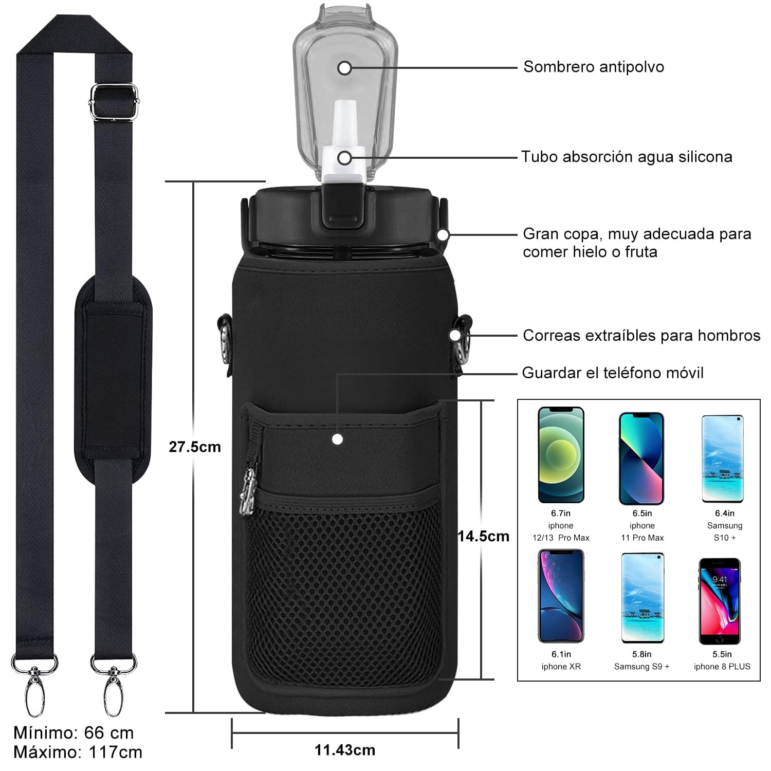 MOYAC Botella Agua con Funda Protectora, Botella de Agua 2 Litros con Pajita, Asa, Correa para el Hombro, Función de Apertura con un Botón, para Fitness, Viajes, Escuela, Oficina (Negro) thumbnail 4