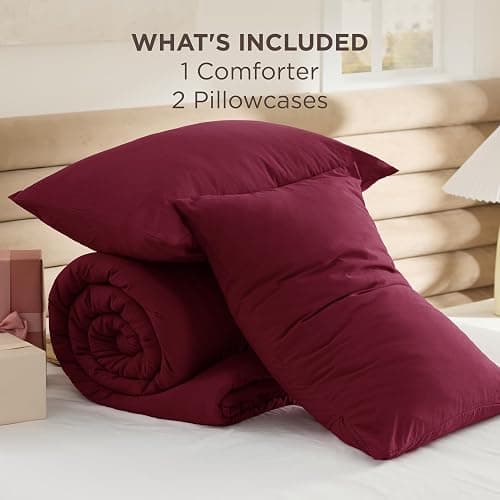 Bedsure King Size Comforter Set, Dark Red Soft Prewashed Bedding for All Seasons, 3 Pieces GentleSoft™ Warm Down Alternative Bed Set, 1 Lightweight Comforter (104"x90") and 2 Pillowcases (20"x36") thumbnail 6