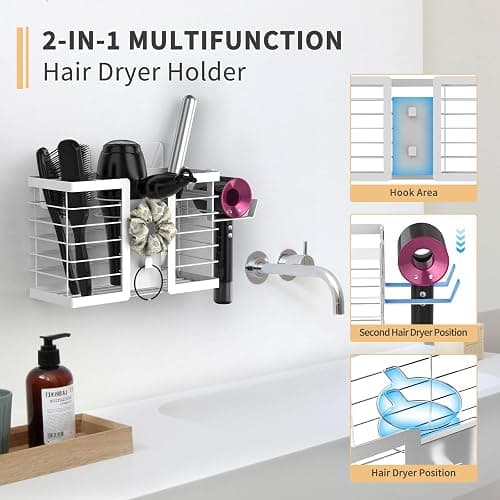 FUNKYLEE Bathroom Organizers and Storage, 3 in 1 Metal Wall Mount for Flat Iron, Curling Iron, Straightener, Hair Care & Styling Tools (White) thumbnail 3