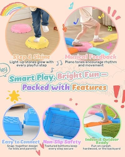Holyton Balance Beam and Stepping Stones for Kids – 13PCS Light Up & Musical Toddler Balance Beam Obstacle Course, Non-Slip Sensory Toys for Toddlers 3-8, Indoor Outdoor Play, Gift for Boys Girls thumbnail 3
