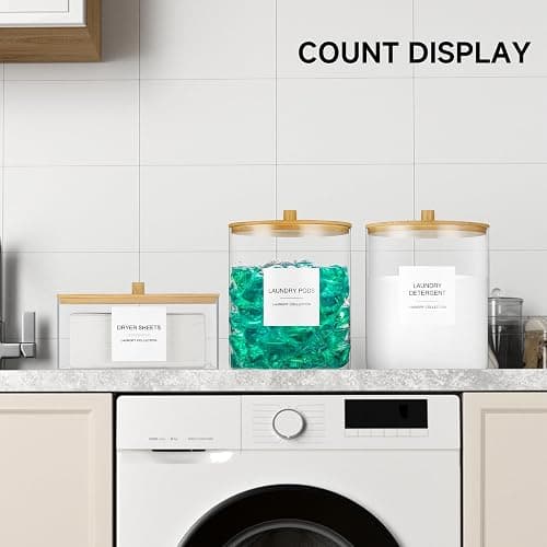 TIPGO Glass Jars and Acrylic Dryer Sheet Holder, Laundry Pods Container with Bamboo Lid and 27 Labels, Powder Detergent Containers for Laundry Room Organization, Storage Jars Set (3 Pack) thumbnail 6