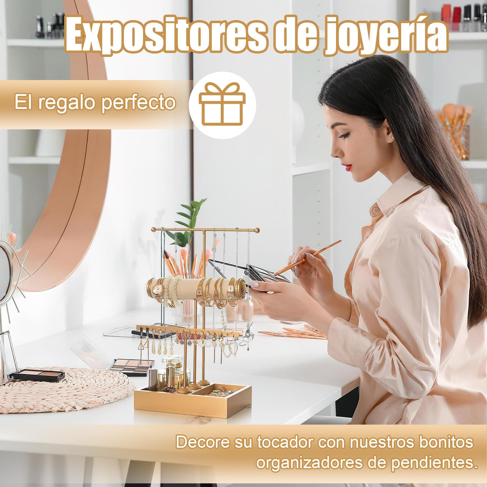 Organizador de Joyas de Metal, Estante de Joyas de 3 Niveles, Soporte para Joyas con en Forma de T para Arete, Pulseras, Relojes, Anillos, Collares, Oro thumbnail 5