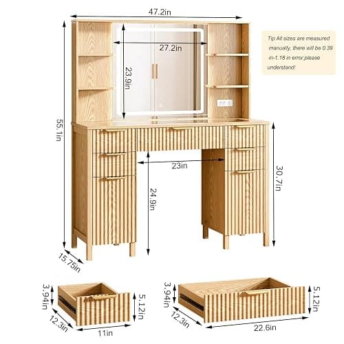 Vanity Desk with Large 27.2" Mirror and Lights 47.2" Fluted Makeup, 5 Drawer Vanity with Power Strip, 4 Open Shelves, 2 Cabinet, Modern Bedroom Vanity Featuring Visual Transparent Glass. Wood thumbnail 2